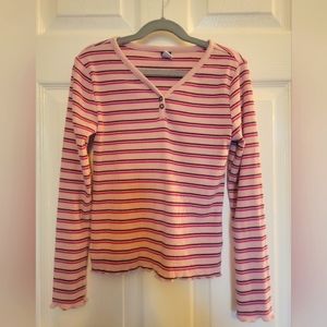 Old Navy girls pink striped ribbed long sleeved shirt, size 10/12